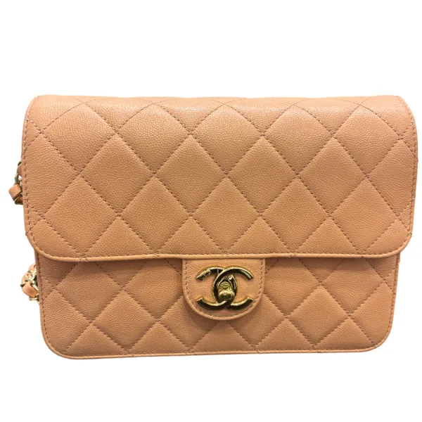 Chanel Matelassé Chain Shoulder Bag in Peach Caviar Skin