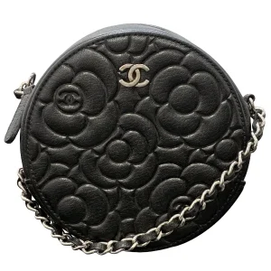 CHANEL Camellia Embossed Round Clutch with Chain
